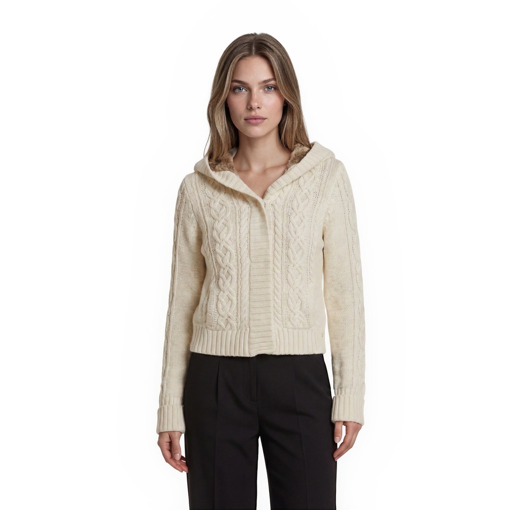 American Eagle Cardigan Sweater Women's Size Small‎ Cream Cable Knit Sherpa Hood